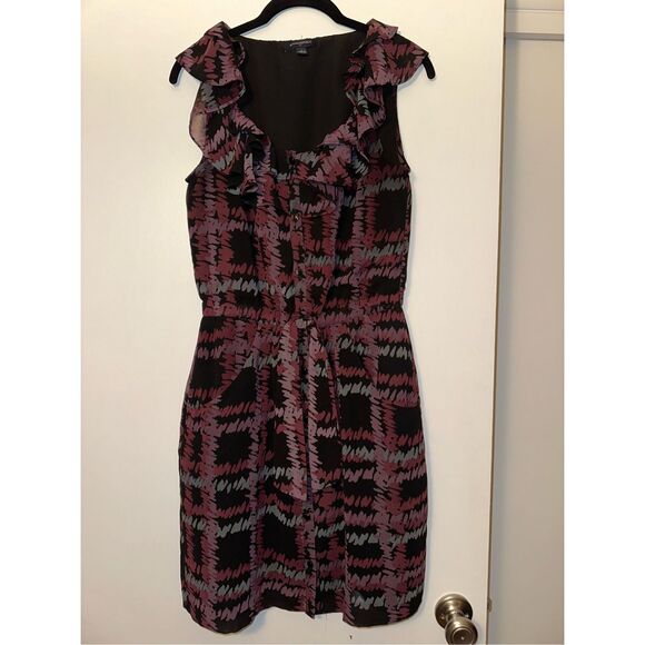 Banana Republic Black Purple Abstract Pattern Sleeveless Ruffle Dress Womens 4 E - Picture 1 of 11